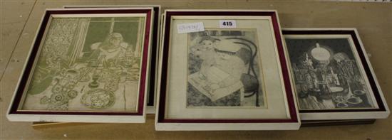 7 litho etchings & lino cuts of children & domestic scenes